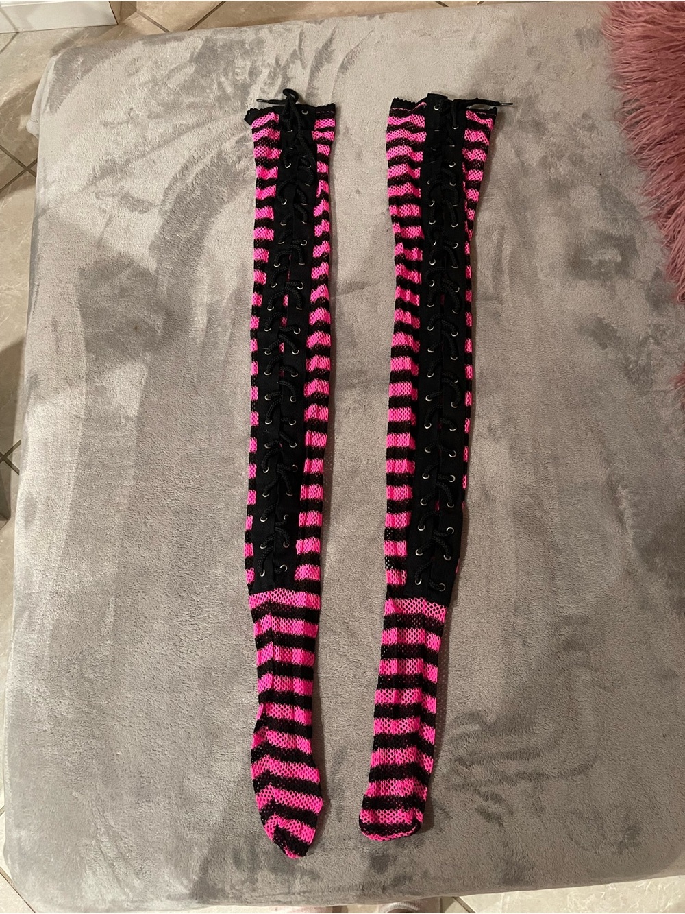 Pink and Black Striped Lace-Up Thigh-High Socks - Halloween Women Accessories